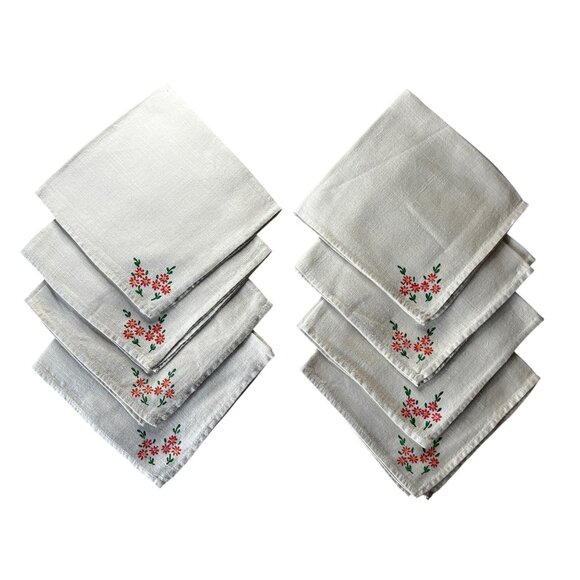 Set Of 8 Cream Cotton Linen Blend Hand-Painted Floral Napkins - Picture 1 of 7